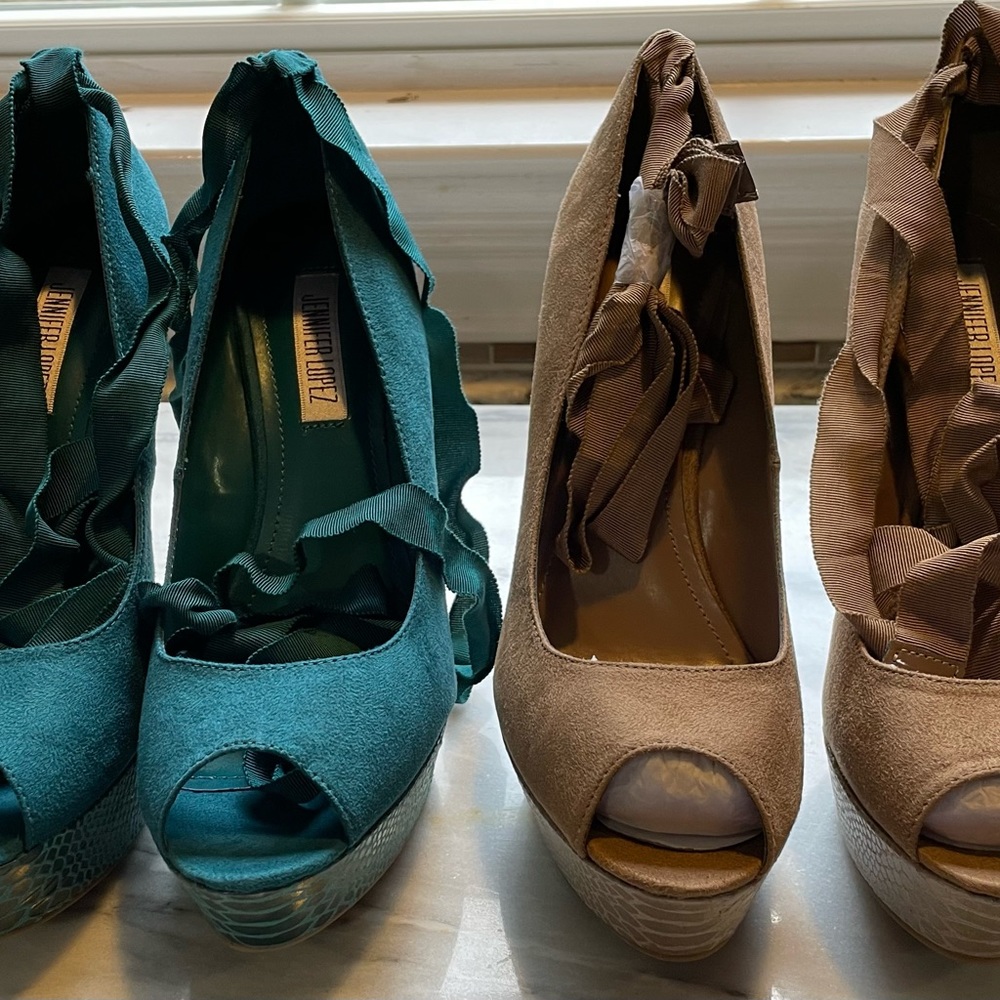 JLO Platform Open Toe Heels with ankle wraps.  Each for $50.00